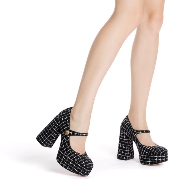 Larroude Emma Mary Jane Platform Pumps Black Tweed Size 8 NEW